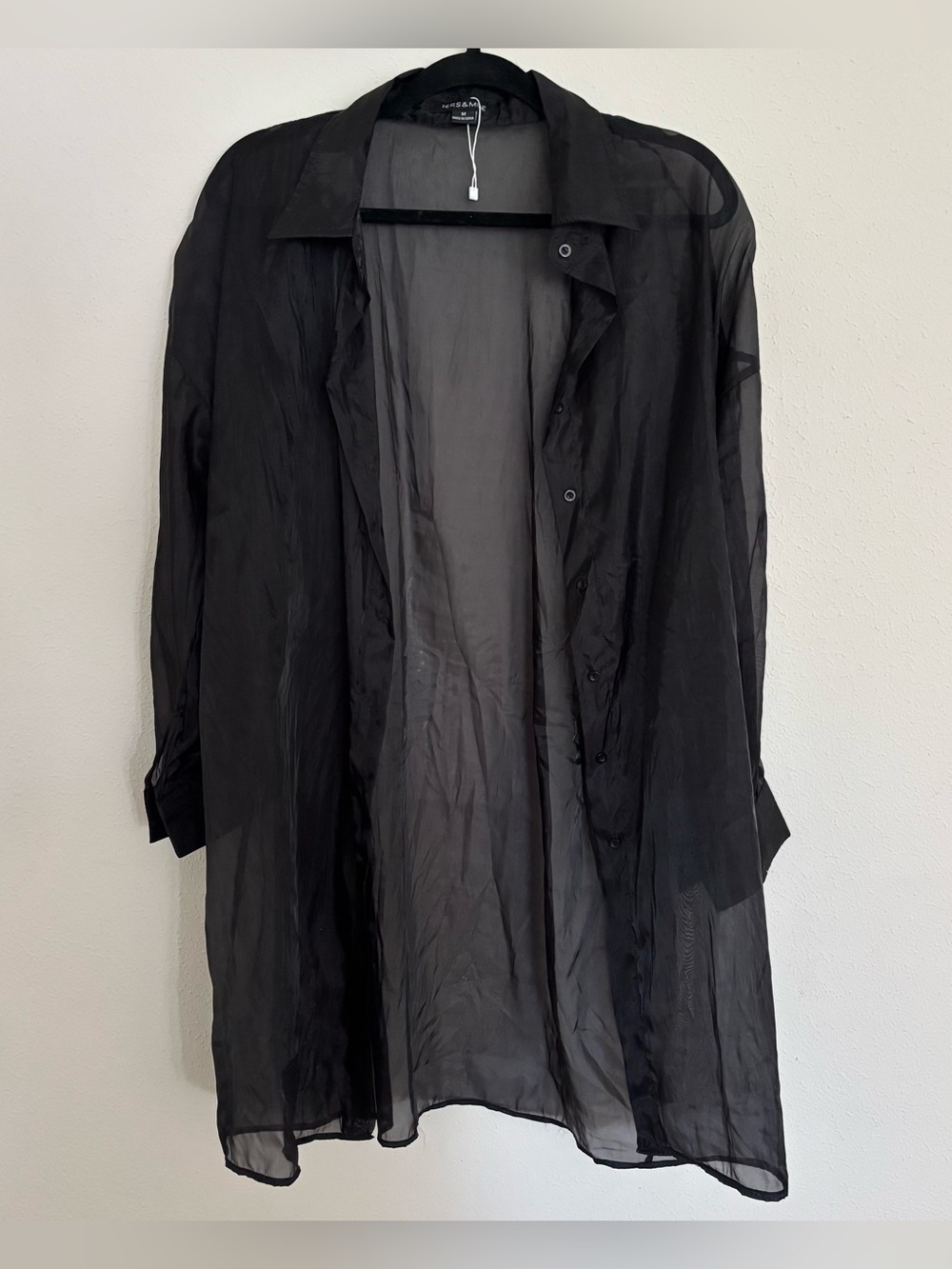 Hers & Mine Black Sheer Longline Button Front Duster M